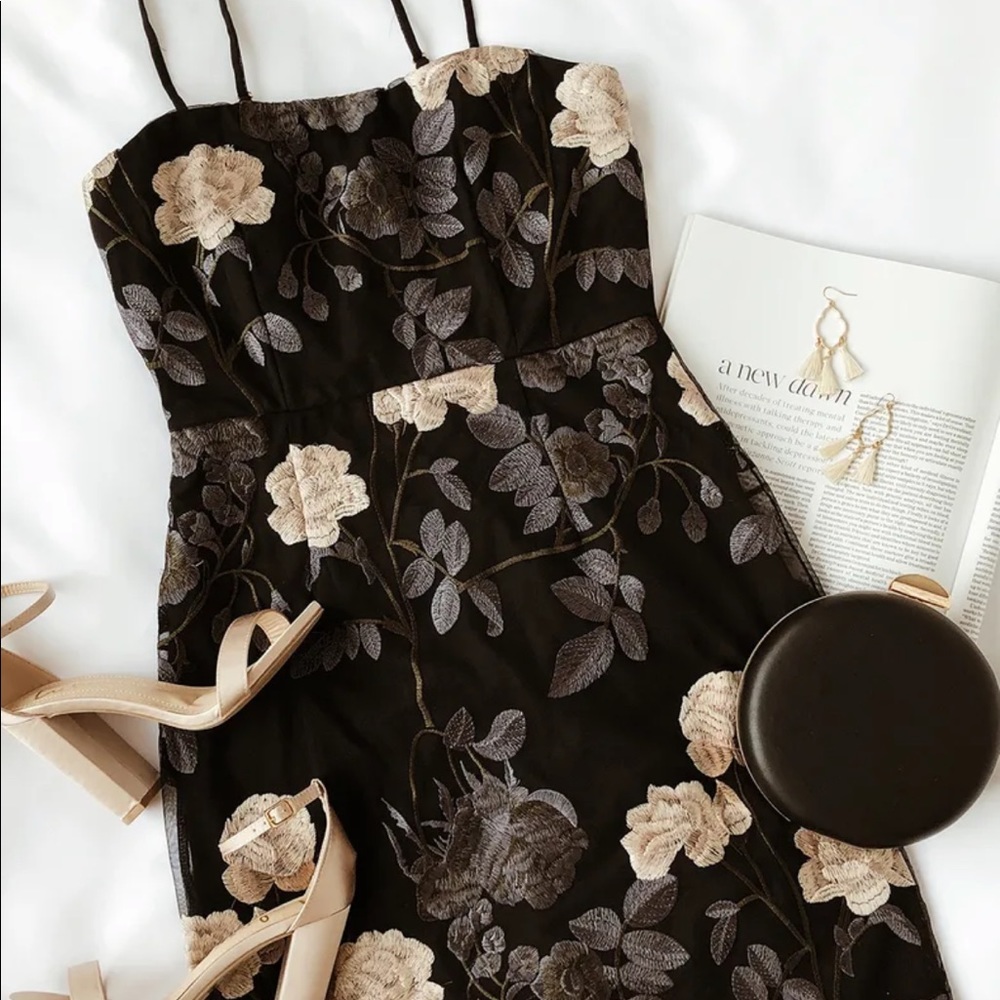 Lulus Black & Silver Floral Embroidered dress